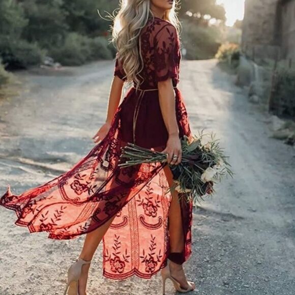 ✨ HP✨Maroon wine red maxi dress with lace overlay✨ - Picture 3 of 11